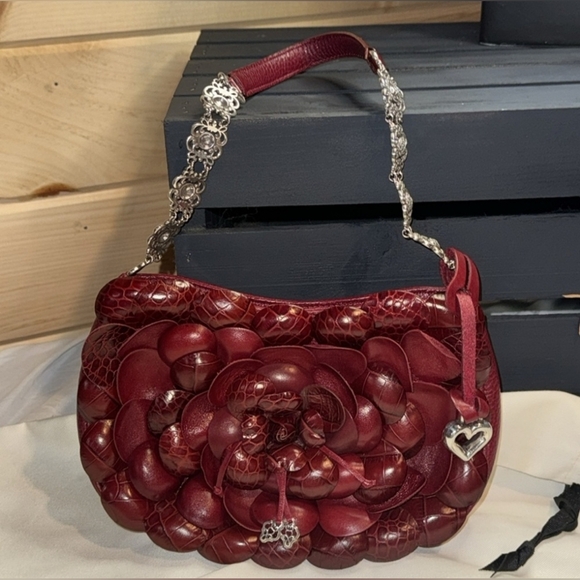 Brighton ROSALIE Bag Purse REDLEATHER Flower 3D Petals Silver Chain Appliqué - Picture 3 of 12